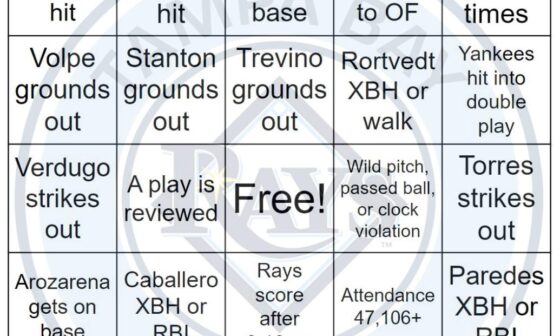 Rays vs Yankees Bingo, 4/21/2024