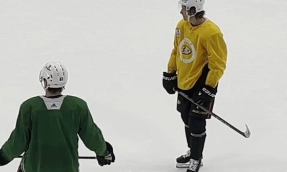 [Evans] Here's a short video Cutter Gauthier (green) and Trevor Zegras (yellow) bonding after @anaheimducks practice Tuesday morning in Irvine, CA. Two essential piece of the Ducks' core getting to know one another.