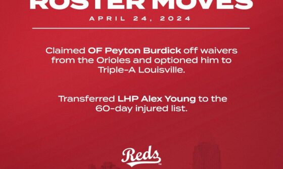 OF Peyton Burdick claimed off waivers from Baltimore and optioned to AAA, Alex Young to 60-day IL