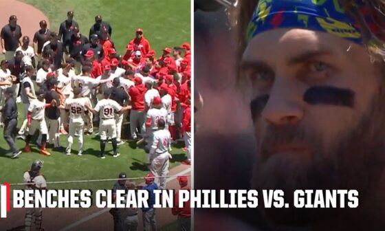 BENCHES CLEAR in Phillies vs. Giants after Kyle Harrison clipped Bryce Harper twice 😳 | ESPN MLB