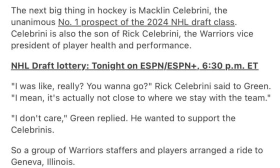 Great article today from ESPN on Macklin Celebrini, Rick's son & proj. no. 1 pick in this year’s NHL draft (now owned by the Sharks), that also sheds light on the familial nature of the Warriors org. via stories of how close Kerr & Dray are to Rick & his family, and Dray & Macklin, in particular.
