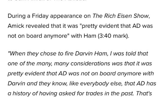According to Sam Amick of The Athletic, AD was a big factor behind Ham being fired