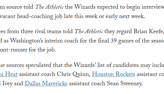 Via Josh Robbins (The Athletic), the Wizards are expected to begin interviews for the HC position in the next few days.