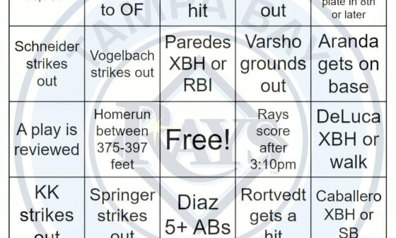 Rays vs Blue Jays Bingo, Sweep Edition, 5/19/2024