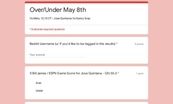 Over/Under May 8th - Vs Mets, 12:15 CT - Jose Quintana Vs Sonny Gray
