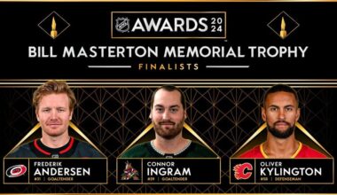 [Frank Seravalli] 2024 Masterton Trophy finalists, as voted by ThePHWA: Frederik Andersen (CAR), Connor Ingram (ARI) and Oliver Kylington (CGY).  So many deserving candidates this year. Really difficult to pick three.