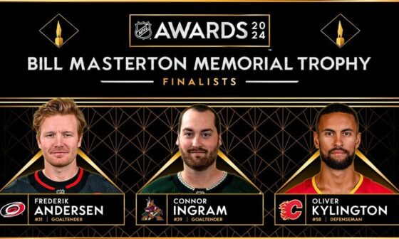 [Frank Seravalli] 2024 Masterton Trophy finalists, as voted by ThePHWA: Frederik Andersen (CAR), Connor Ingram (ARI) and Oliver Kylington (CGY).  So many deserving candidates this year. Really difficult to pick three.