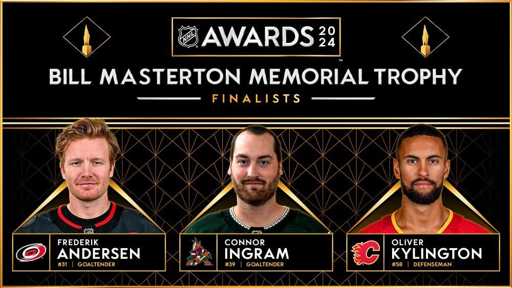 [Frank Seravalli] 2024 Masterton Trophy finalists, as voted by ThePHWA: Frederik Andersen (CAR), Connor Ingram (ARI) and Oliver Kylington (CGY).  So many deserving candidates this year. Really difficult to pick three.