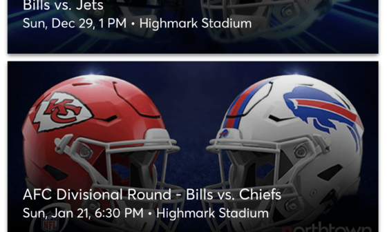 The official Buffalo Bills app is showing the AFC Divisional game as Bills vs Chiefs