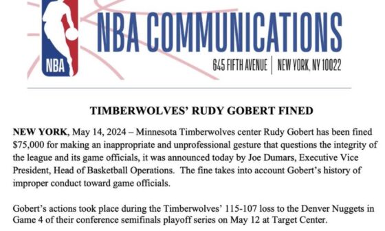 Rudy Gobert has been fined $75,000 for making an inappropriate and unprofessional gesture that questions the integrity of the league and its game officials