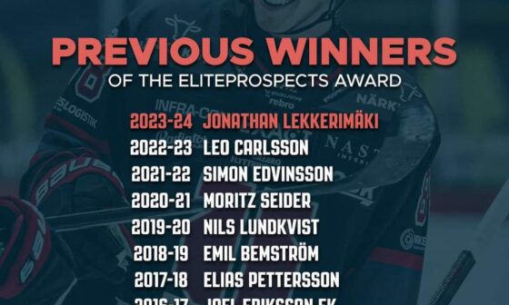 Jonathan Lekkerimäki is the winner of the 2024 EliteProspects Award, as the best junior player in the SHL for the 2023-24 season.