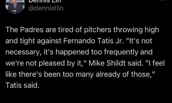 [Lin] The Padres are tired of pitchers throwing high and tight against Fernando Tatis Jr. "It's not necessary, it's happened too frequently and we're not pleased by it," Mike Shildt said. "I feel like there's been too many already of those," Tatis said.
