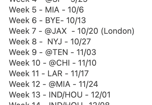 Patriots Schedule - cross referenced by elimination based off other teams confirmed leaks