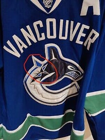 What is the difference between the blue and white broken ice pieces on the logo? Jerseys are from the Reebok/CCM era.