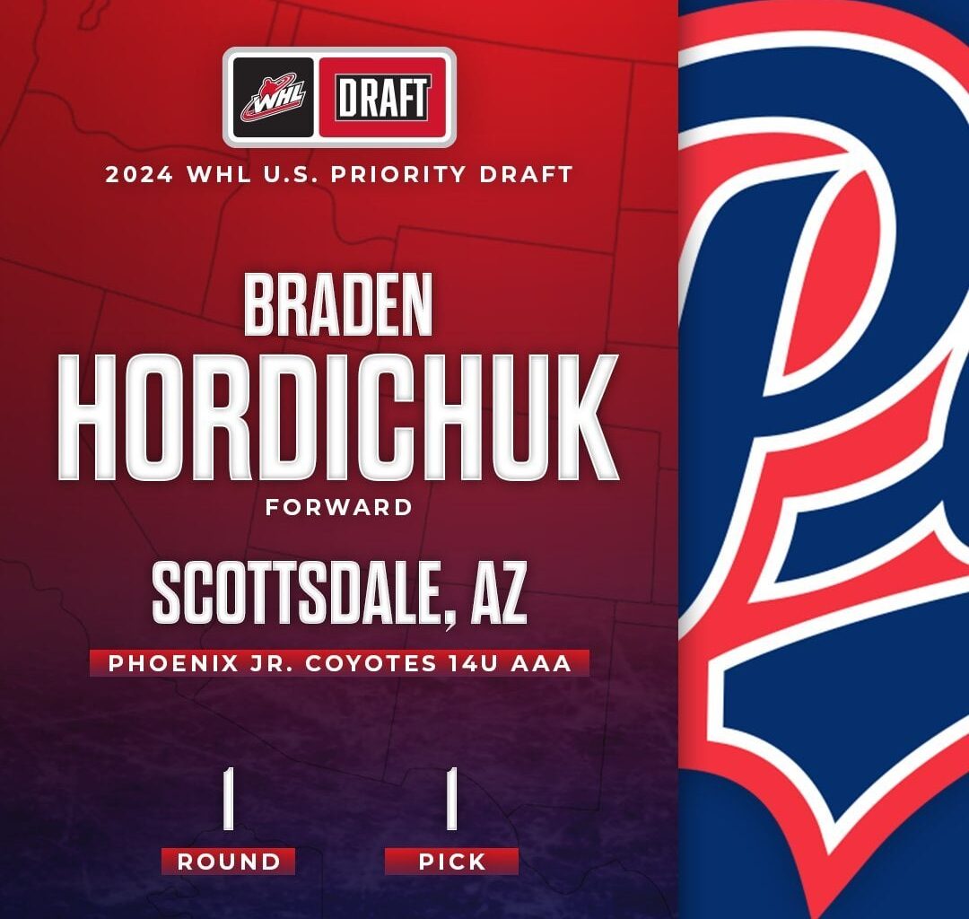 [WHL] With the first overall pick in the 2024 U.S. Priority Draft, the @WHLPats select Braden Hordichuk from the Phoenix Jr. Coyotes 14U AA.