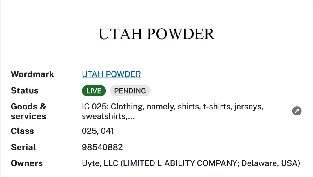 In minor trademark news, all names on the Utah name survey have now been added to pending trademarks under Uyte, LLC