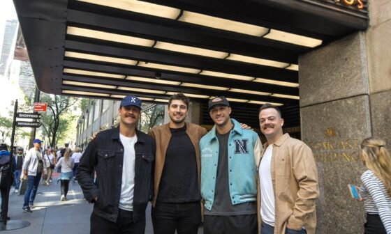 Some of the Tigers players posing for a picture outside NBC Studios in New York