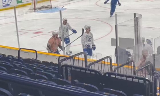 [Dan Murphy] So JT Miller took to the ice wearing Artur Silov’s dress shirt. It’s a peach/salmon paisley type of thing. Silovs was a little surprised to see it being used as a practice jersey.