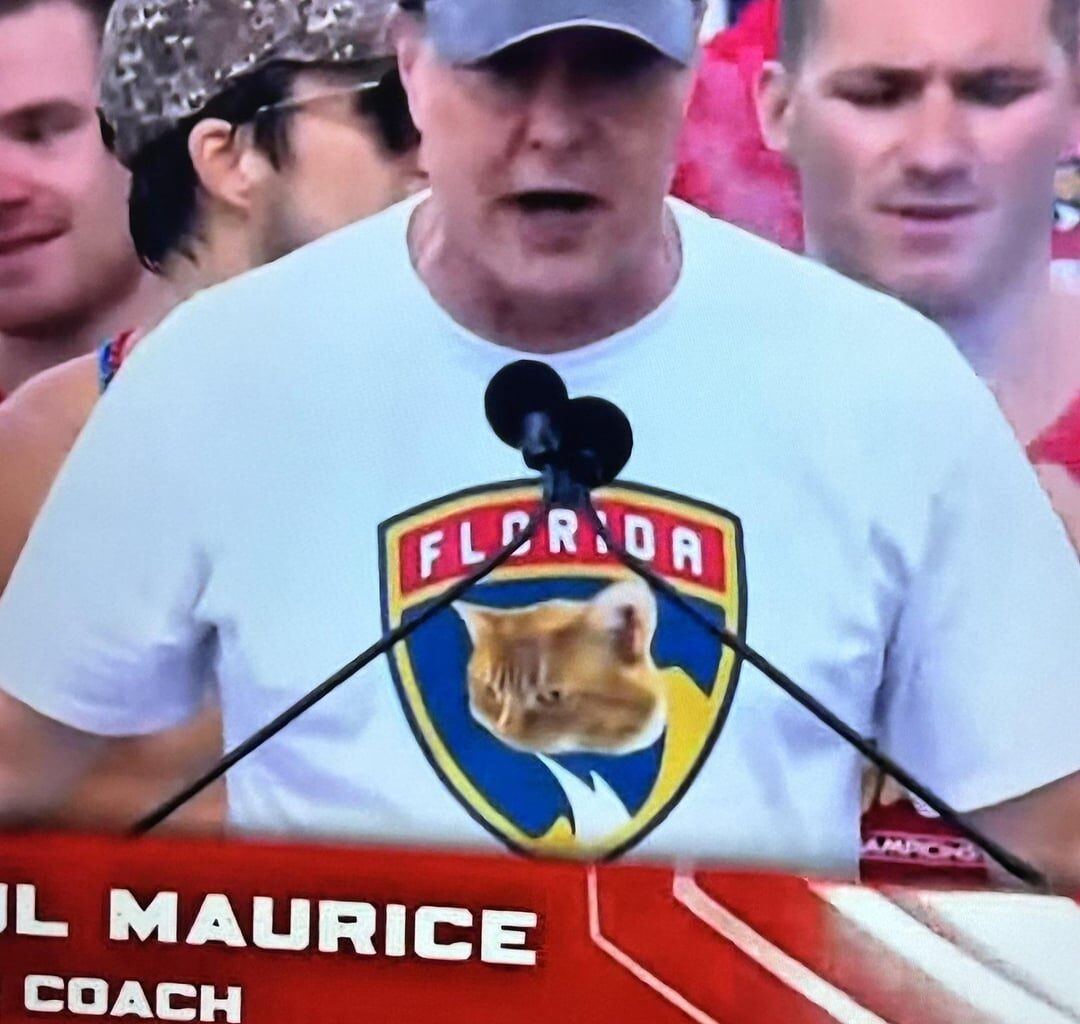 [DavesFreshlyUsd on Twitter] Paul Maurice is wearing a shirt with his cats as the Panthers logos