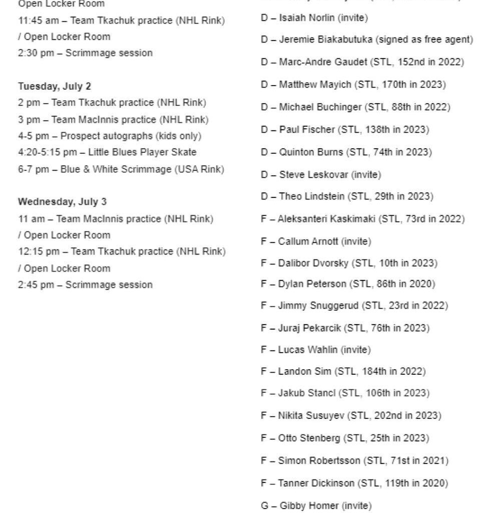 Blues have announced their prospect camp schedule and preliminary roster for July 1-3.