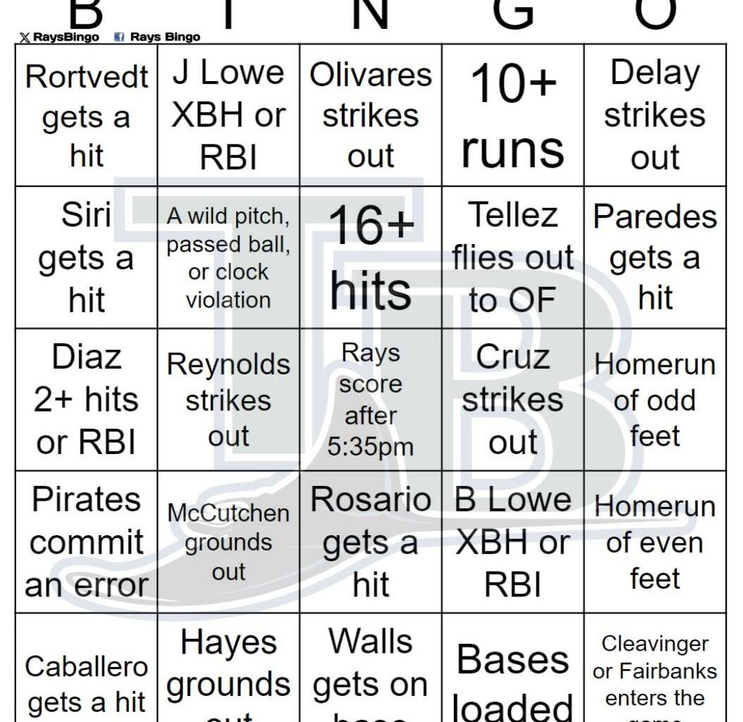 Rays vs Pirates Bingo, 6/22/2024