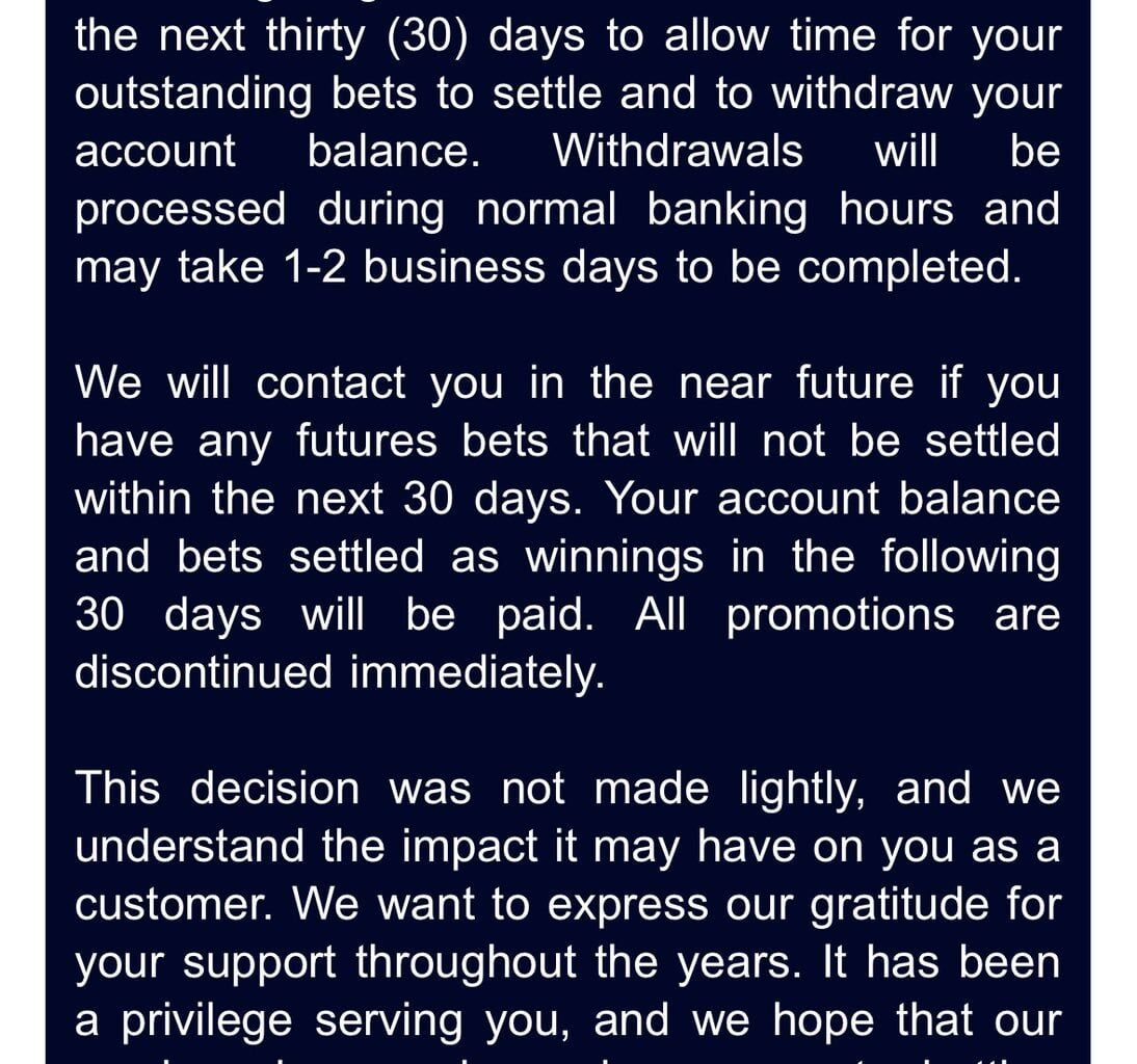 [Leah Merrall] "SaharaBets users received this email today. The Meruelo’s Sportsbook is officially discontinuing."