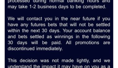 [Leah Merrall] "SaharaBets users received this email today. The Meruelo’s Sportsbook is officially discontinuing."