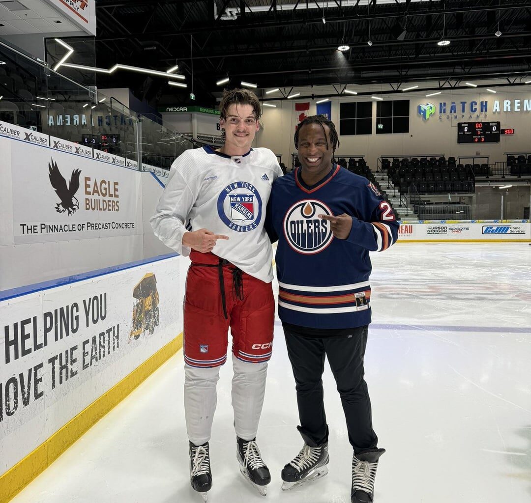 Georges Laraque training Matt Rempe (NYR) and Tyrel Bauer (WPG) in fighting this week in Edmonton