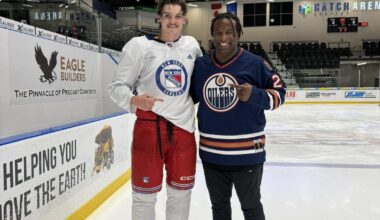 Georges Laraque training Matt Rempe (NYR) and Tyrel Bauer (WPG) in fighting this week in Edmonton