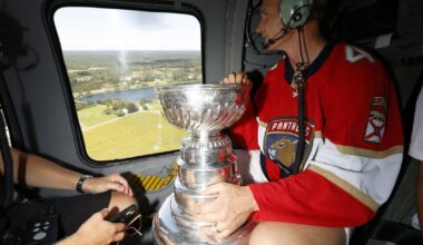 Gustav Forsling flying in to his Stanley Cup ceremony in Linköping with a Black Hawk from the local squadron.