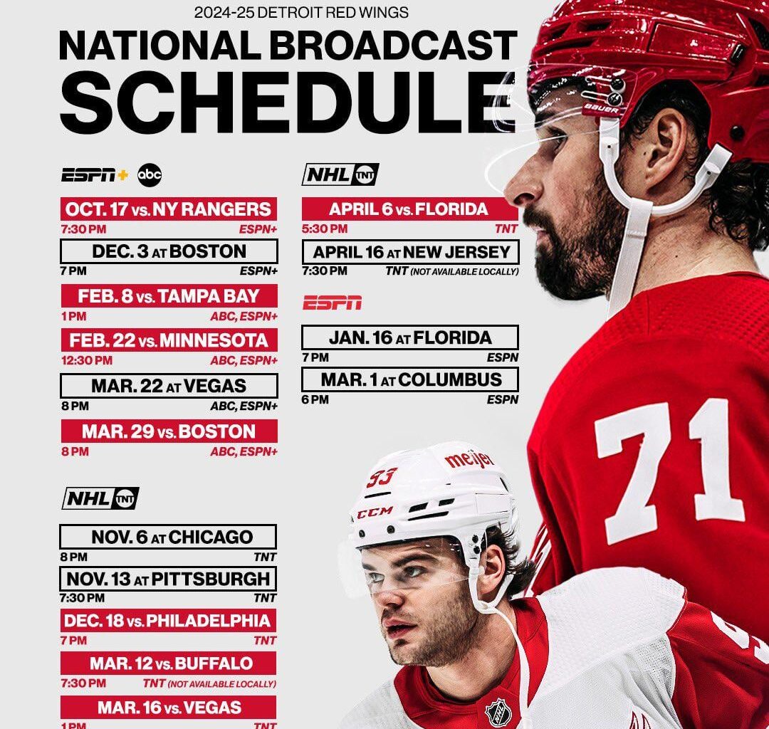 Detroit Red Wings National tv schedule (via: DetroitRedWings/X)