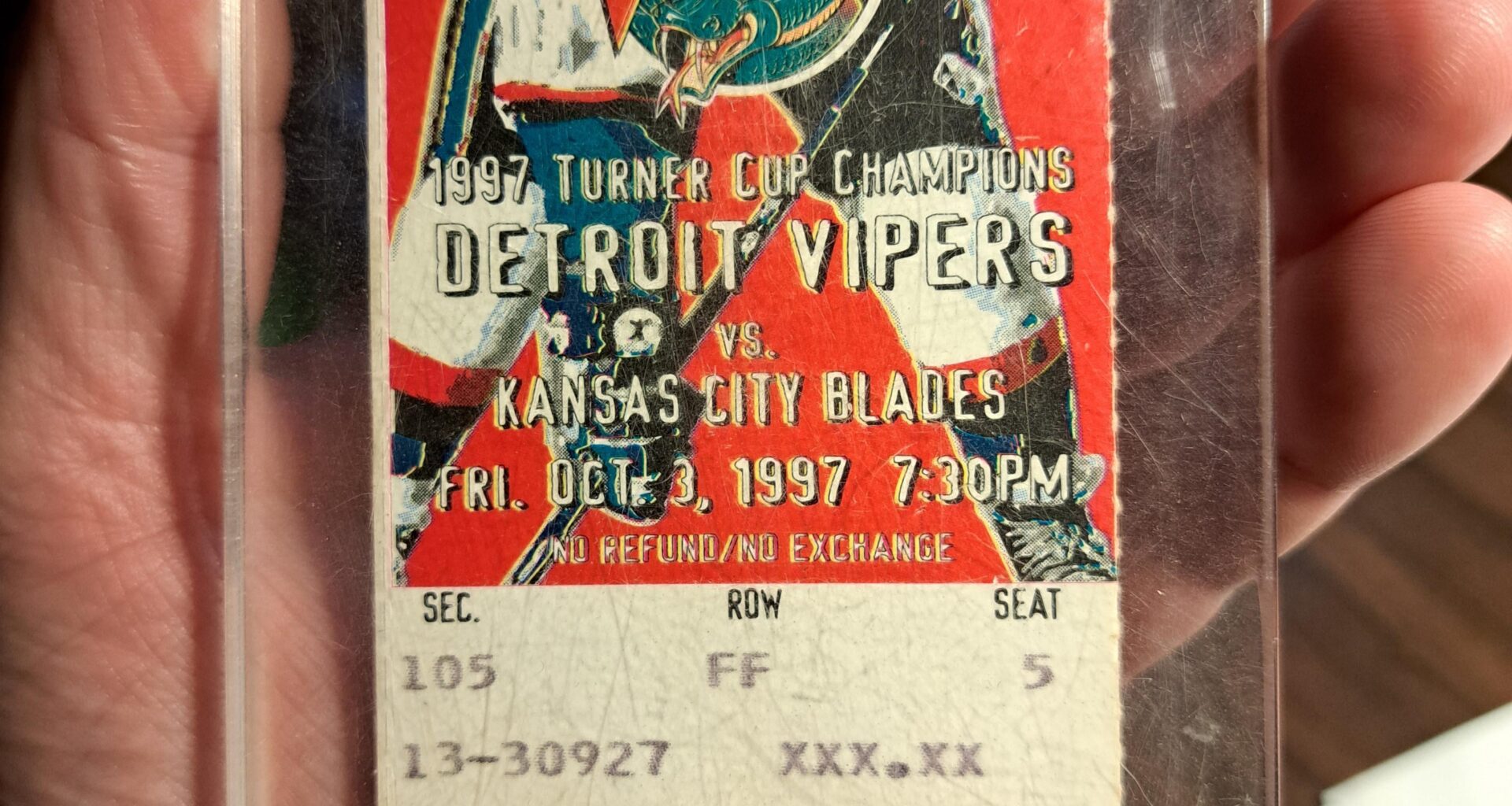 Ticket stub from Gordie Howe's last pro hockey game with the Detroit Vipers.