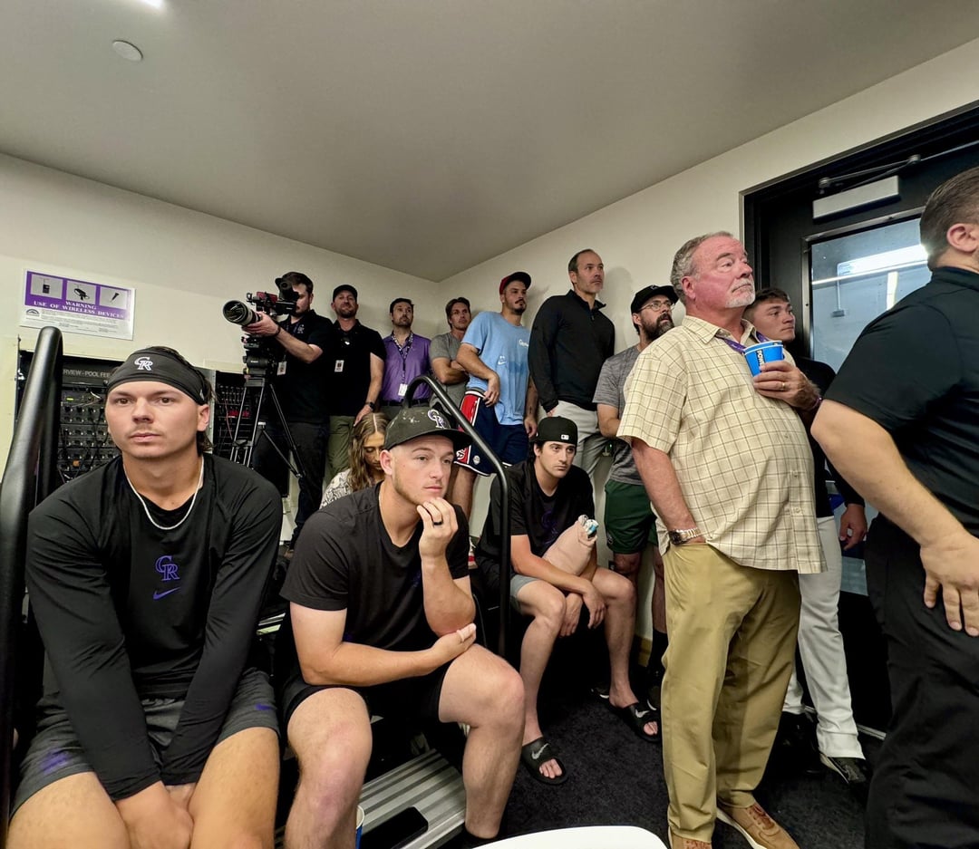 All of Charlie Blackmon’s Rockies teammates, staff & some former teammates, including Nolan Arenado, taking in every word of Blackmon’s retirement press conference.