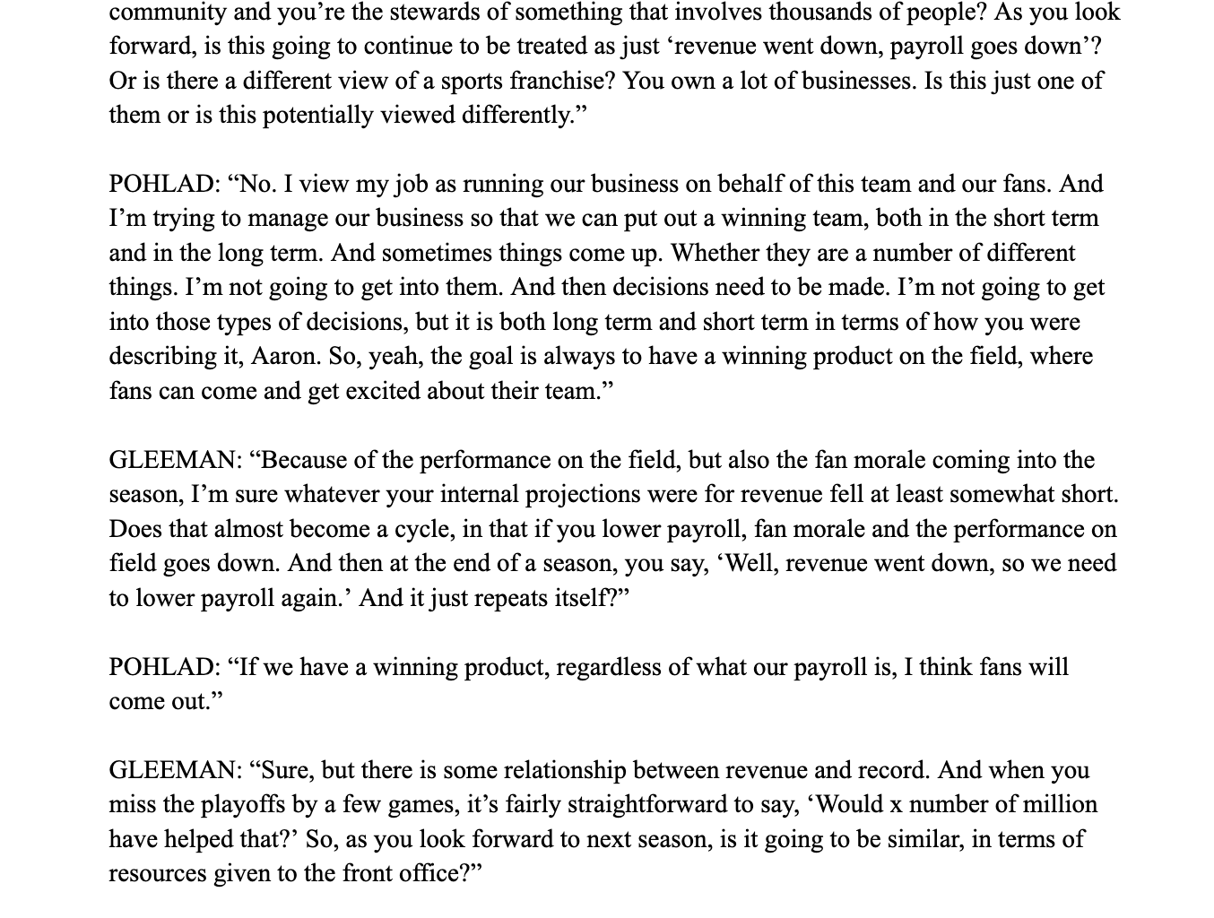 Gleeman's questions to Joe Pohlad regarding payroll decisions