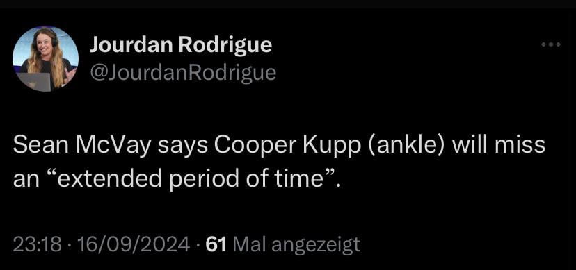 Sean McVay says Cooper Kupp (ankle) will miss an “extended period of time”.