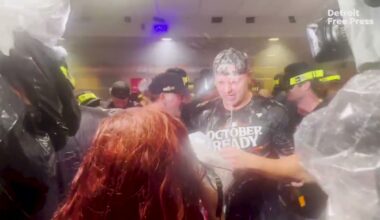 Detroit Tigers celebration postgame in locker room after 2024 MLB playoffs sweep of Houston Astros