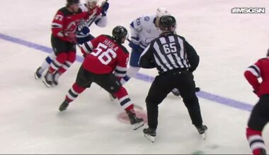 Janis Moser scores a shorthanded goal against the New Jersey Devils