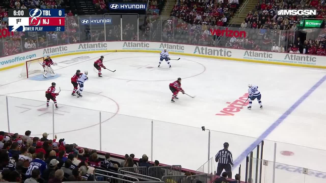 Brayden Point scores a powerplay goal against the New Jersey Devils