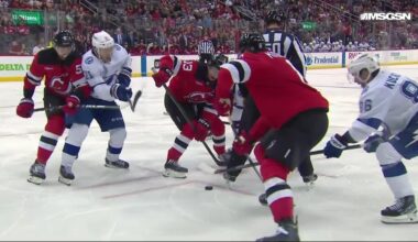 Jake Guentzel scores a powerplay goal against the New Jersey Devils