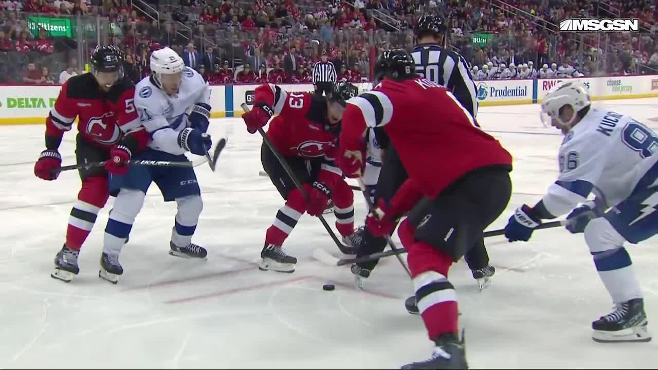 Jake Guentzel scores a powerplay goal against the New Jersey Devils