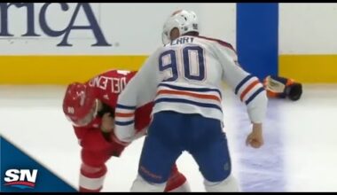 Oilers' Corey Perry Takes On Red Wings' Joe Veleno In Spirited Tilt