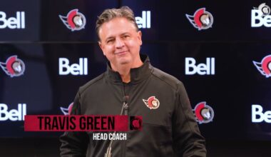 Linus Ullmark, Ridly Greig, Zack Ostapchuk, and Travis Green Pregame Media vs STL