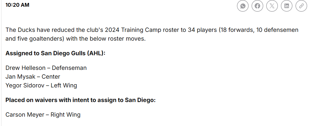 Ducks trim roster to 34 players