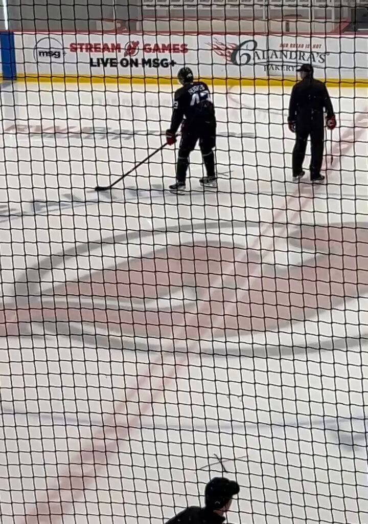[Spaulding] Look who’s first on the ice this morning. Good to see Luke Hughes skating.