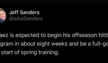 [Sanders] Arraez is expected to begin his offseason hitting program in about eight weeks and be a full-go at the start of spring training.