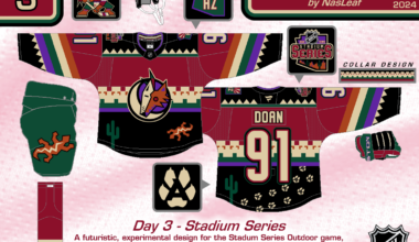 Doing a daily jersey design project, wanted to give the Yotes their first outdoor game uniform for the Stadium jersey, and to also finally make a send-off tribute design culminating all of Yotes branding that I wanted to back in May.