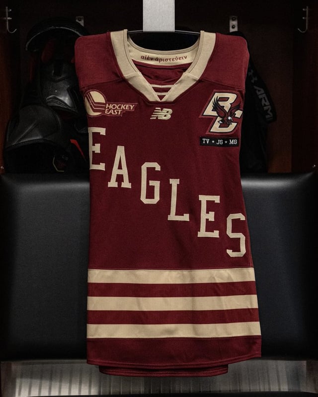 New patch on Boston College jerseys honoring Tony Voce and Matthew and Johnny Gaudreau