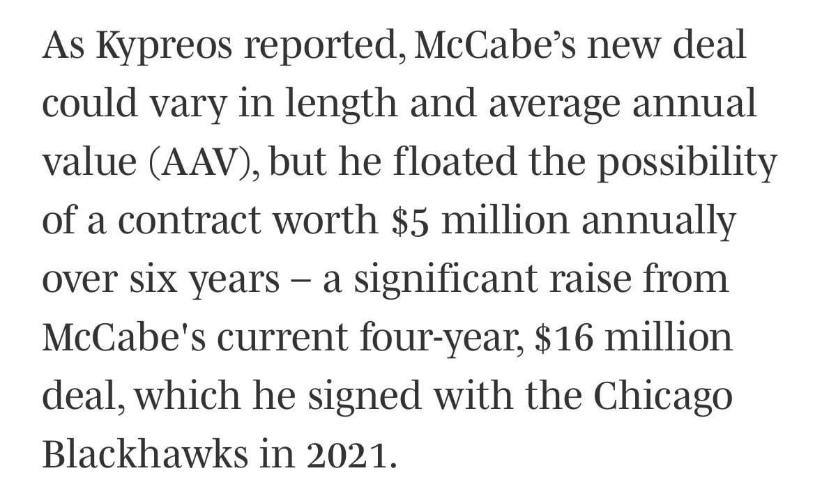 “The one thing I did hear is potentially a Jake McCabe extension coming, maybe before the season starts,” Kypreos told co-hosts, Justin Bourne and Sam McKee. “I heard talks were real good.