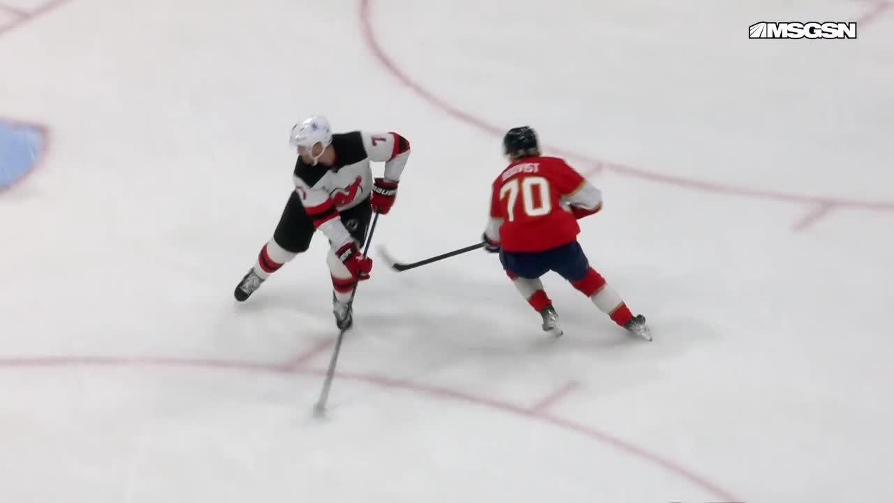 Jesper Boqvist scores a goal against the New Jersey Devils