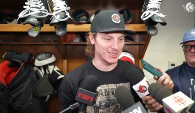 Jake Sanderson, Adam Gaudette, Travis Green Pregame Media vs CGY